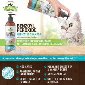 Benzoyl Peroxide Shampoo for Dogs Cats + Sulfur - 16 oz - Medicated Dog Shampoo for Smelly Dogs, Anti Itch Dry Skin Allergy Treatment, Folliculitis, Seborrhea, Dermatitis, Dandruff, Infection, Mange