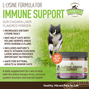 Lysine for Cats - Best L-lysine Powder Supplement - Strawfield Pets All Natural Immune System Support - Helps Maintain Eye & Respiratory Health - 900mg Per Serving - 7oz - Made in the USA