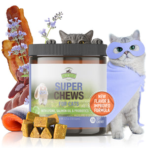 Super Chews for Cats - Probiotics, L-Lysine, Salmon Omega 3 Fish Oil for Cats, Catnip – 120 Daily Soft Treats – Acne, UTI, Allergy Relief Treatment, Anti Diarrhea, Dry Skin, Immune Support